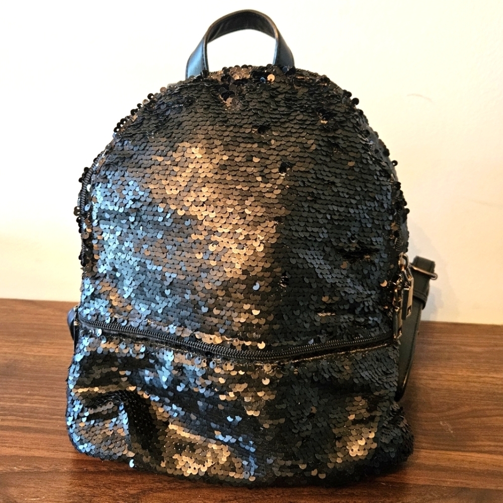 Black Sequined Faux Leather Small Backpack Adjustable Strap Silvertone Hardware